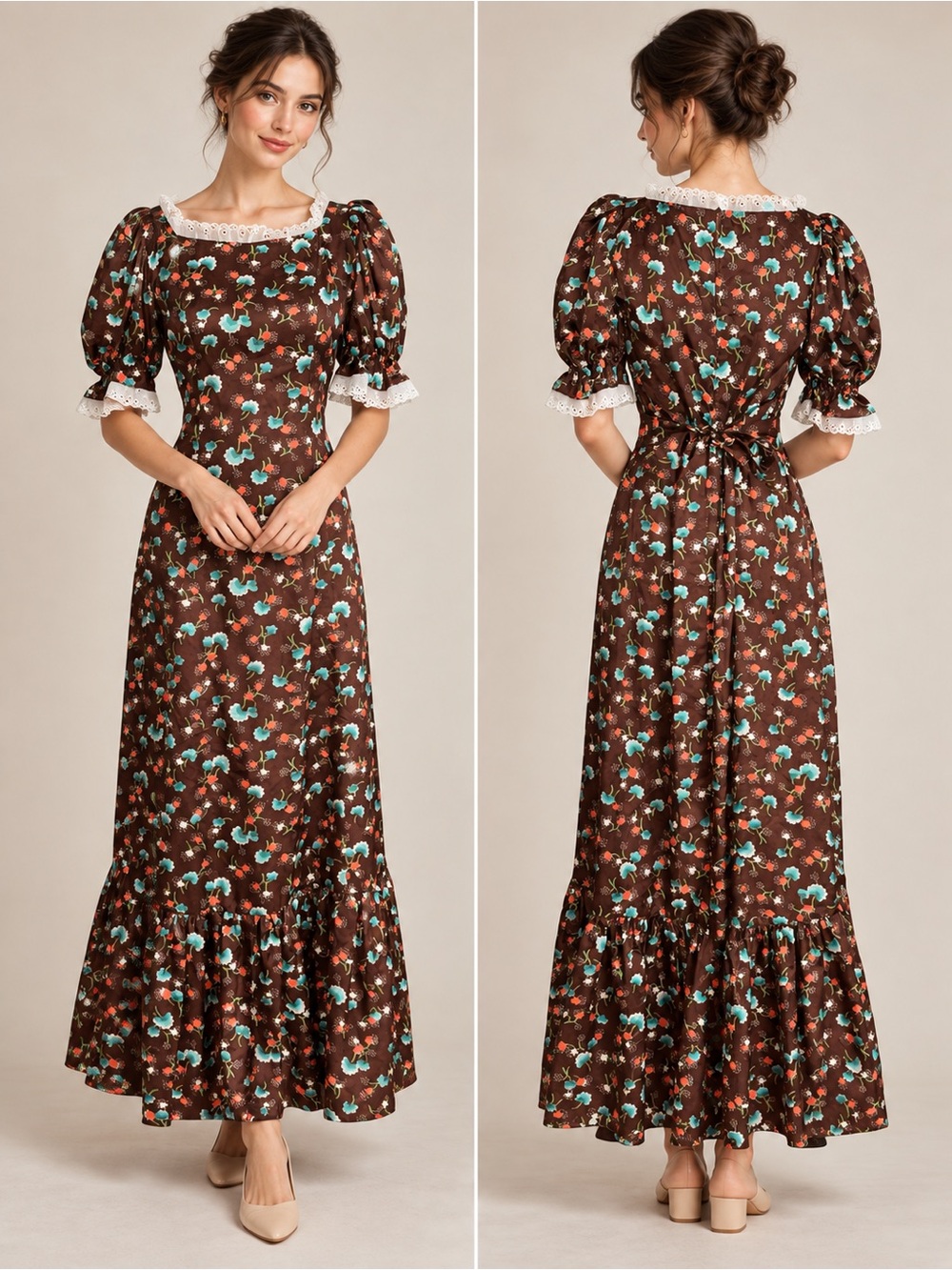 Vintage Handmade Brown Floral Prairie Maxi Dress | Puff Sleeves & Lace Trim